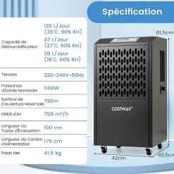 Giantex Déshumidificateur Industriel1300W,118L/Jour, Contrôle Humidité,avec 4 Roues,Minuterie 0-24H,pour Entrepôts et Caves 790 m² (Noir)