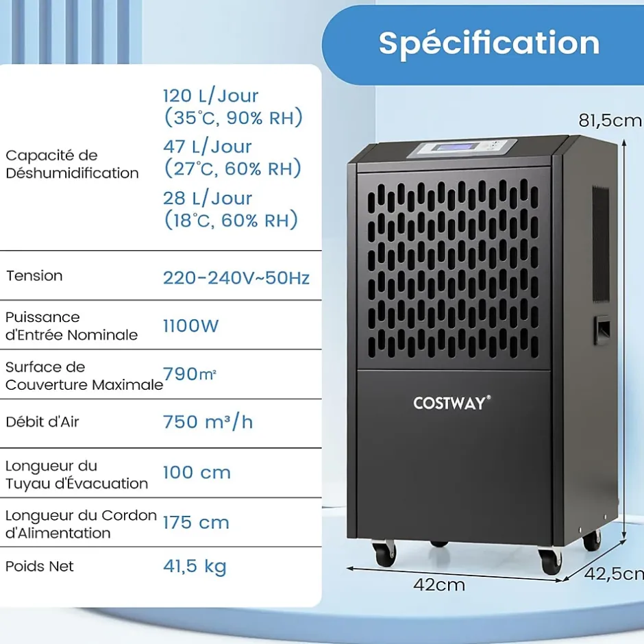 Giantex Déshumidificateur Industriel1300W,118L/Jour, Contrôle Humidité,avec 4 Roues,Minuterie 0-24H,pour Entrepôts et Caves 790 m² (Noir)