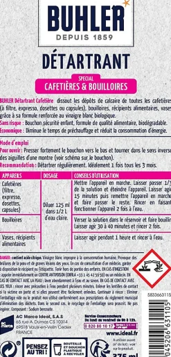 BUHLER Détartrant spécial cafetières et bouilloires 375ml