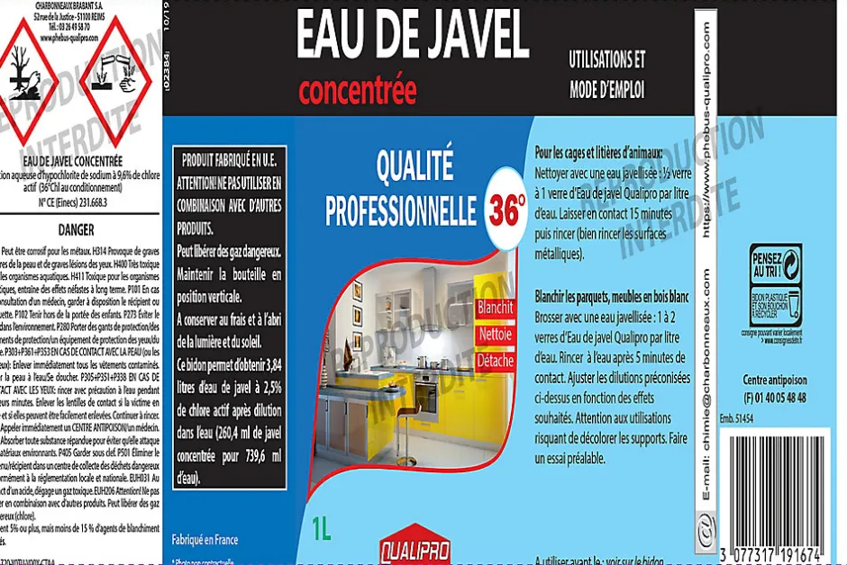 Qualipro Eau de javel concentrée 9,6% 36° 1L