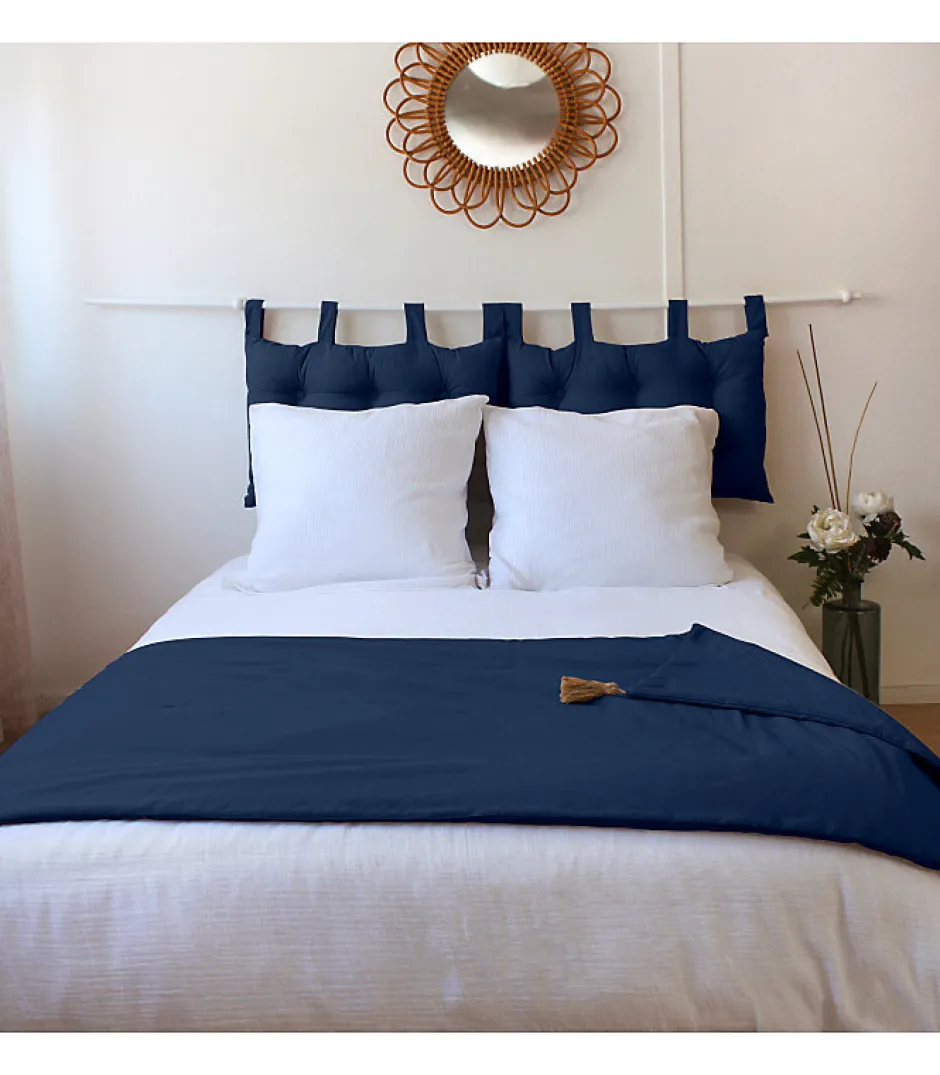 Home Maison Edredon Panama avec pompons en jute (90x190 cm - Bleu Marine)