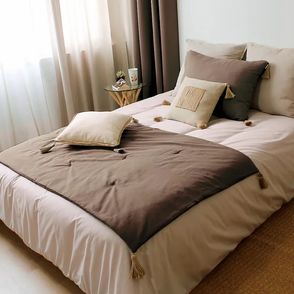 Home Maison Edredon Panama avec pompons en jute (90x190 cm - Taupe) Best