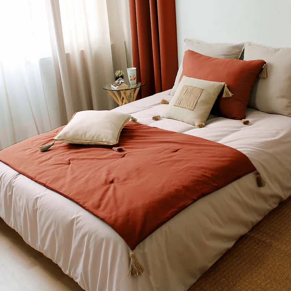 Enjoy Home Edredon Panama avec pompons en jute (90x190 cm - Brique)