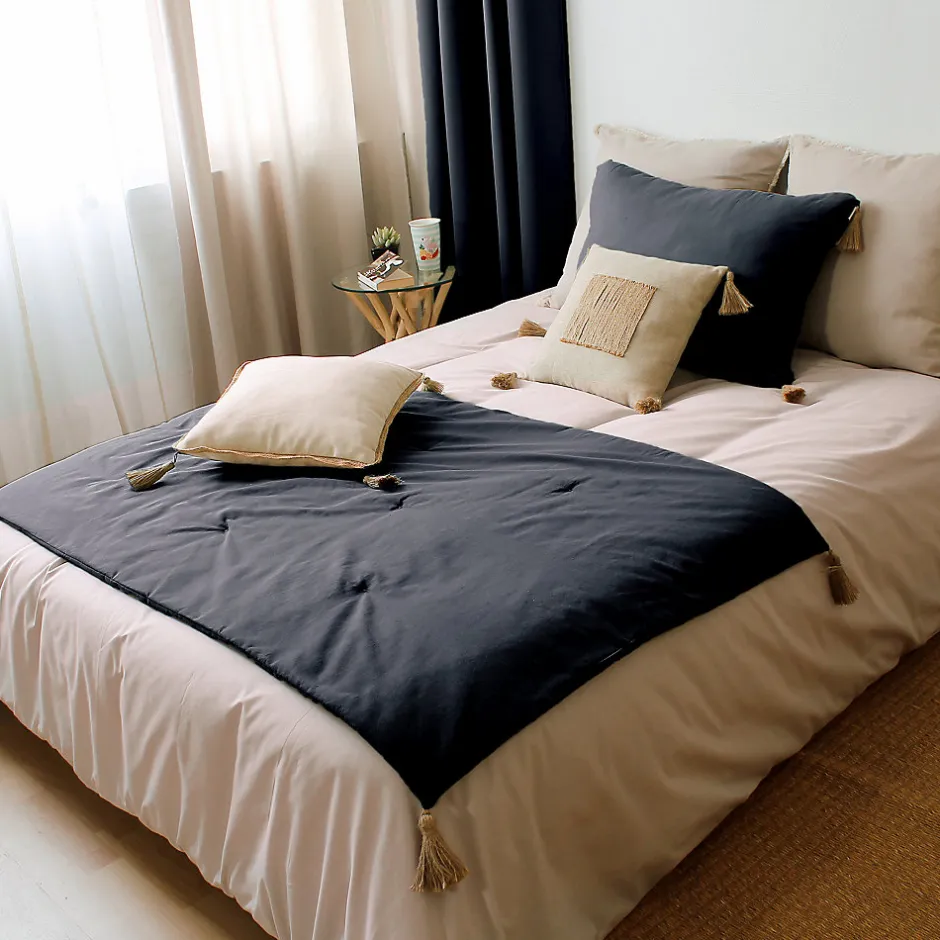 Enjoy Home Edredon Panama avec pompons en jute (90x190 cm - Gris Foncé)