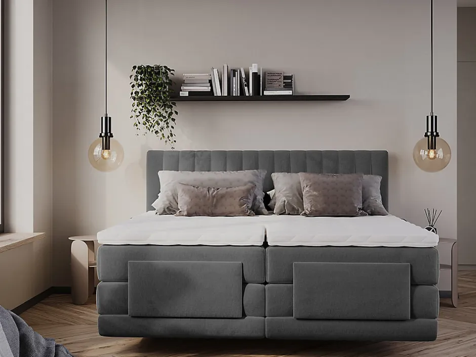 Vente-unique Ensemble complet boxspring tête de lit coutures verticales + sommiers relaxation électrique + matelas + surmatelas - 2 x 80 x 200