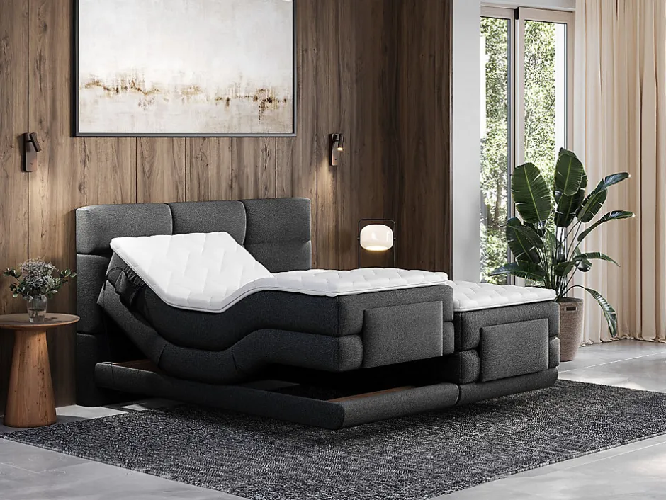 Vente-unique Ensemble complet boxspring tête de lit capitonnée + sommiers relaxation électrique + matelas + surmatelas - 2 x 80 x 200 cm -