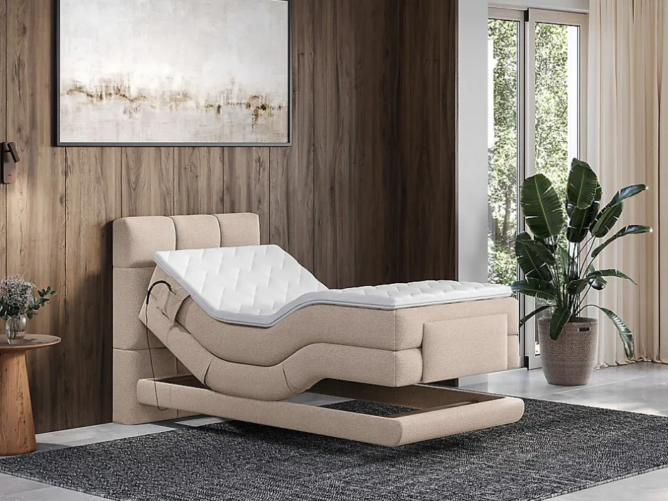 Vente-unique Ensemble complet boxspring tête de lit capitonnée + sommiers relaxation électrique + matelas + surmatelas - 100 x 200 cm - Tissu -