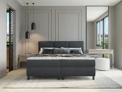 Vente-unique Ensemble complet boxspring tête de lit capitonnée + sommiers + matelas + surmatelas - 2 x 90 x 200 cm - Tissu - Anthracite - LODI