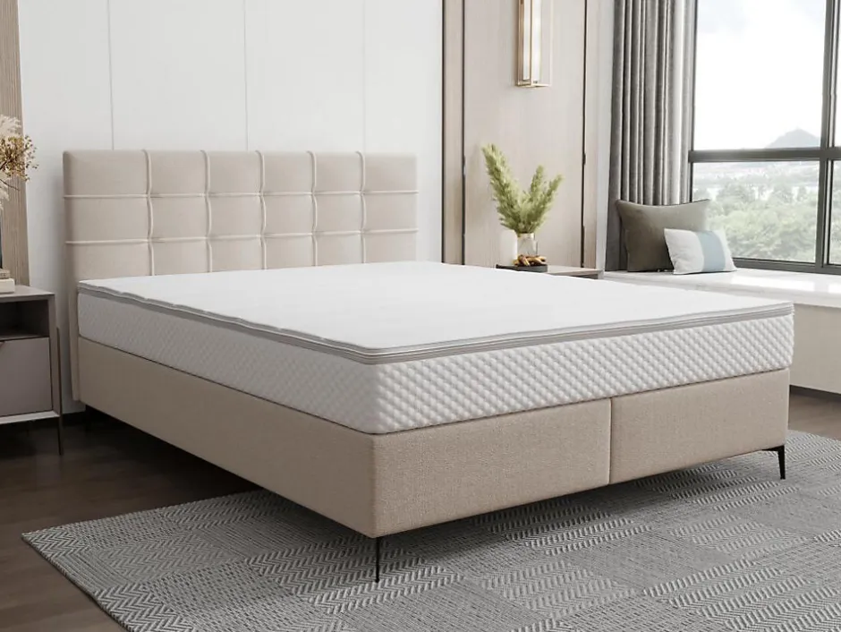 Vente-unique Ensemble complet boxspring tête de lit capitonnée + sommier + matelas + surmatelas - 180 x 200 cm - Tissu - Beige - INAO de YSMÉE