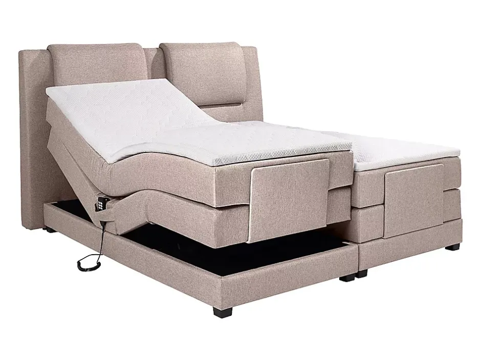Vente-unique Ensemble complet boxspring tête de lit + sommiers relaxation électrique + matelas + surmatelas - 2 x 80 x 200 cm - Tissu - Beige New