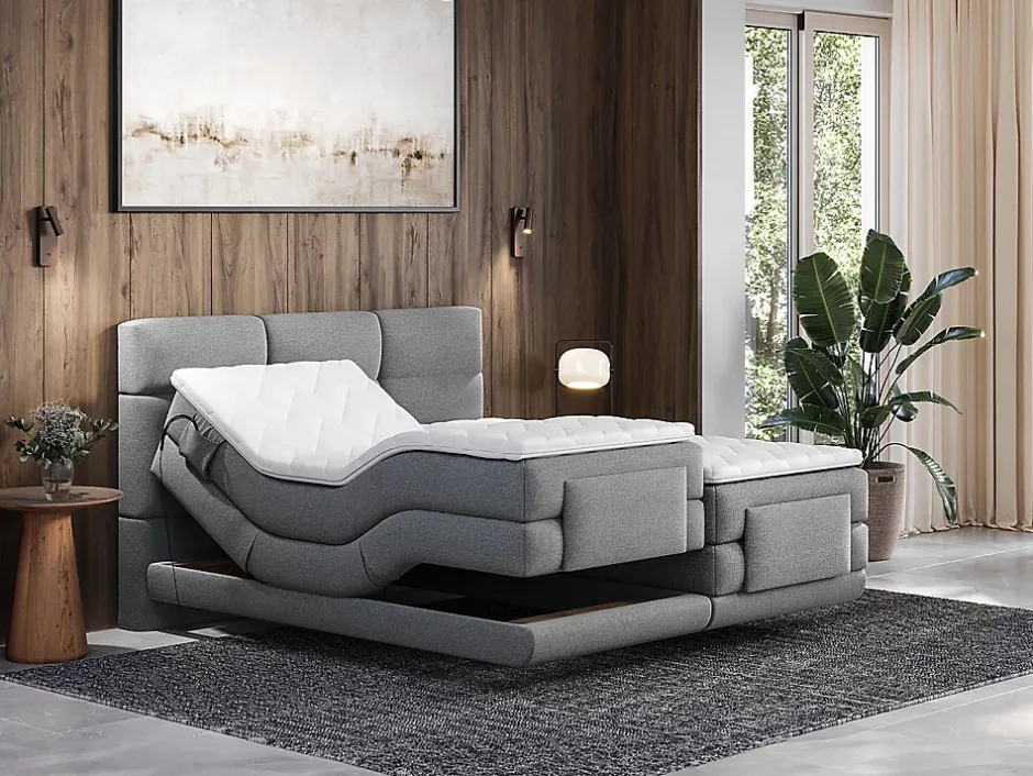 Vente-unique Ensemble complet boxspring tête de lit capitonnée + sommiers relaxation électrique + matelas + surmatelas - 2 x 90 x 200 cm - Clearance