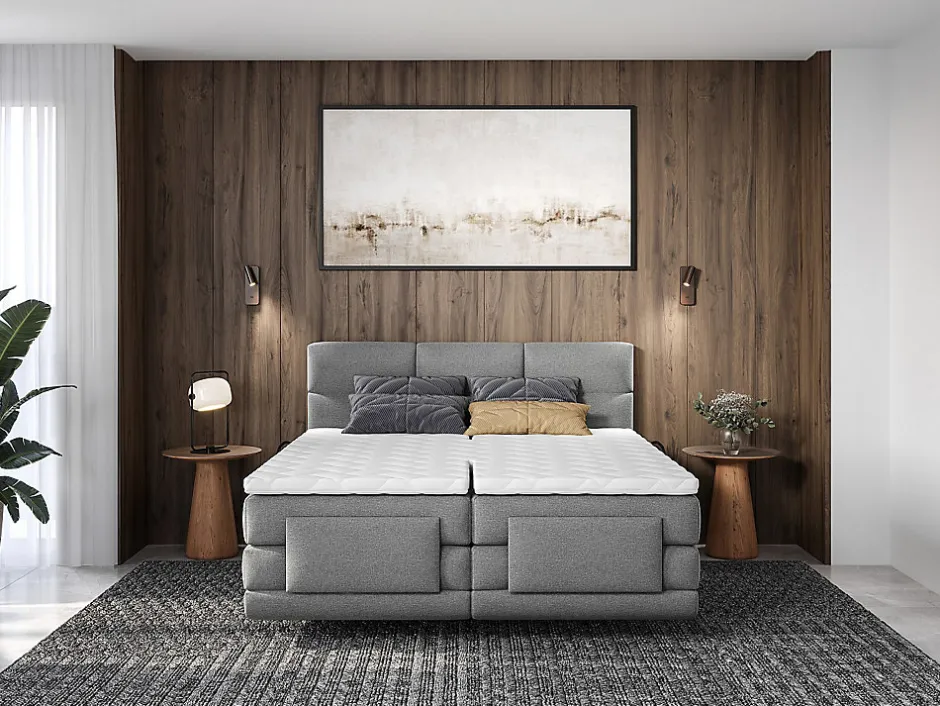 Vente-unique Ensemble complet boxspring tête de lit capitonnée + sommiers relaxation électrique + matelas + surmatelas - 2 x 90 x 200 cm - Clearance