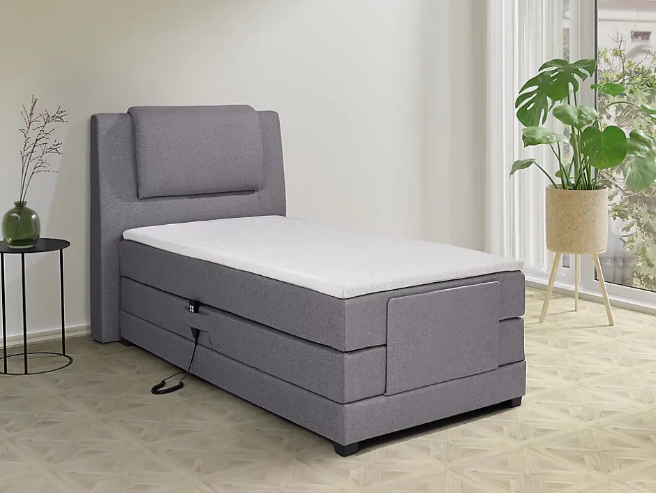 Vente-unique Ensemble complet boxspring tête de lit + sommiers relaxation électrique + matelas + surmatelas - 100 x 200 cm - Tissu - Gris clair Clearance