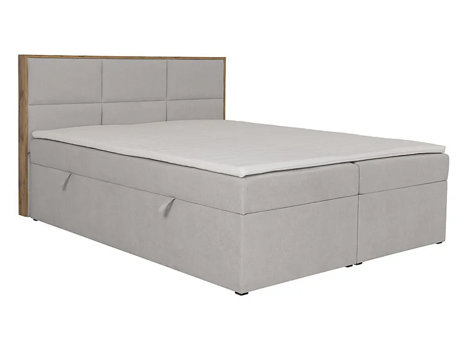 Vente-unique Ensemble complet literie déco tête de lit encadré bois + sommiers coffre + matelas + surmatelas - 160 x 200 cm - Tissu - Gris