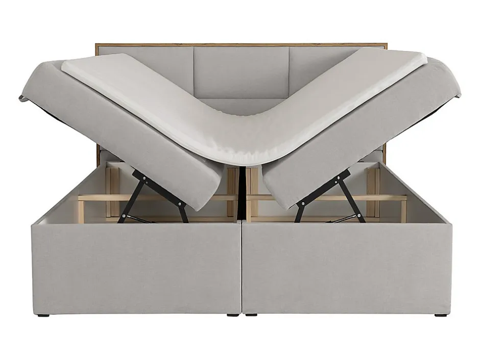 Vente-unique Ensemble complet literie déco tête de lit encadré bois + sommiers coffre + matelas + surmatelas - 160 x 200 cm - Tissu - Gris