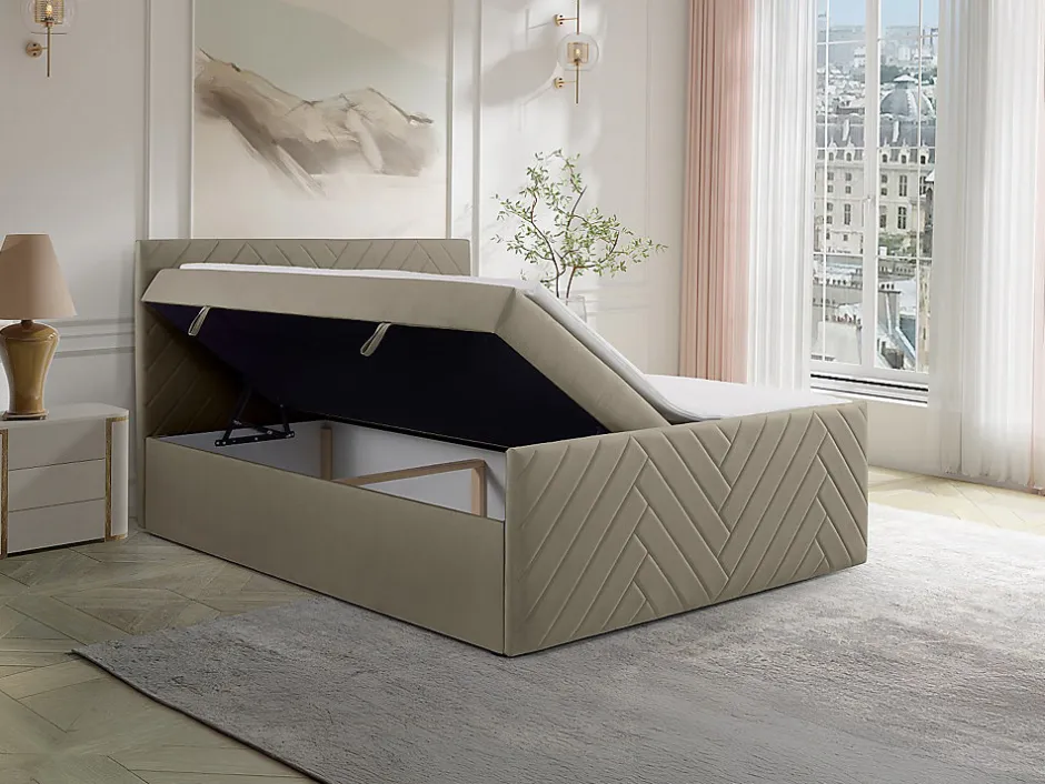 Vente-unique Ensemble complet literie déco tête de lit + sommiers coffre + matelas + surmatelas - 160 x 200 cm - Velours - Taupe - MAKANA de