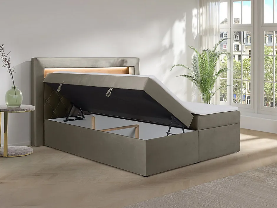 Vente-unique Ensemble complet literie déco tête de lit avec led + sommiers coffre + matelas + surmatelas - 180 x 200 cm - Velours - Taupe -