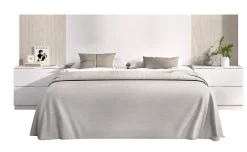 Pegane Ensemble de Tête de lit avec 2 tables de chevet de 2 tiroirs coloris imitation lamelles, blanc