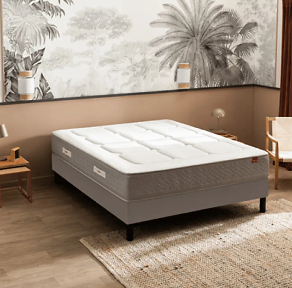 Epeda Ensemble L'ESCAPADE + Sommier Confort Medium + Pieds 140x200 Gris souris Ressorts et mousse à mémoire de forme