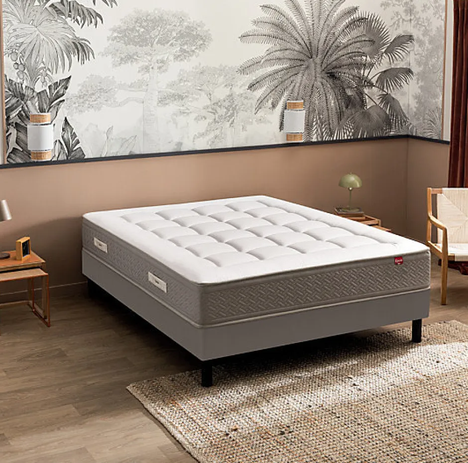 Epeda Ensemble LE MAJESTUEUX + Sommier Confort Medium + Pieds 200x200 Gris souris Ressorts Discount