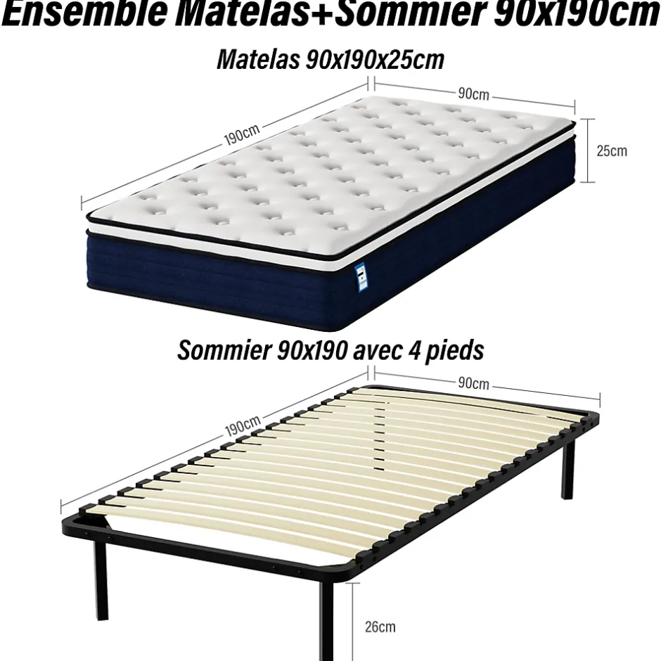 Teeno Ensemble Matelas à ressorts +Sommier à Lattes sur Pieds, 90x190cm, Epaisseur du Matelas 25cm Discount