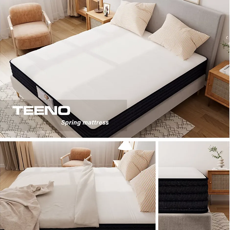 Teeno Ensemble Matelas à ressorts + Cadre de lit Plateforme Capitonné 140x190cm, Epaisseur du Matelas 22cm Best