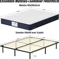 Teeno Ensemble Matelas à ressorts +Sommier à Lattes sur Pieds, 140x190cm, Epaisseur du Matelas 22cm