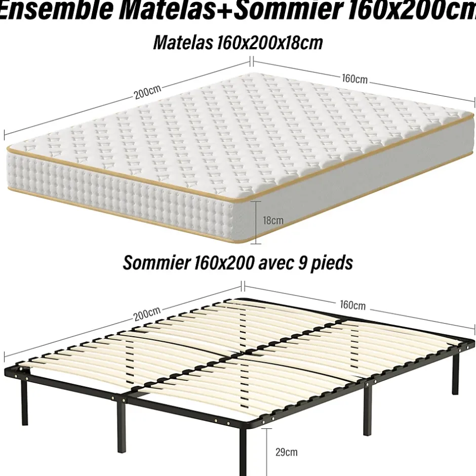 Teeno Ensemble Matelas en mousse + Sommier à Lattes 160x200cm, Epaisseur du Matelas 18 cm Best