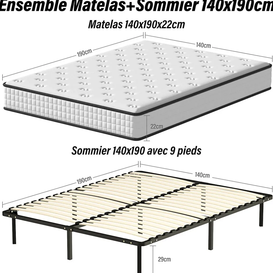 Teeno Ensemble Matelas en mousse + Sommier à Lattes 140x190cm, Epaisseur du Matelas 22cm
