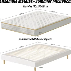 Teeno Ensemble Matelas en Mousse+ Lit Sommier Tapissier Déco 140x190cm, Epaisseur du Matelas 18cm