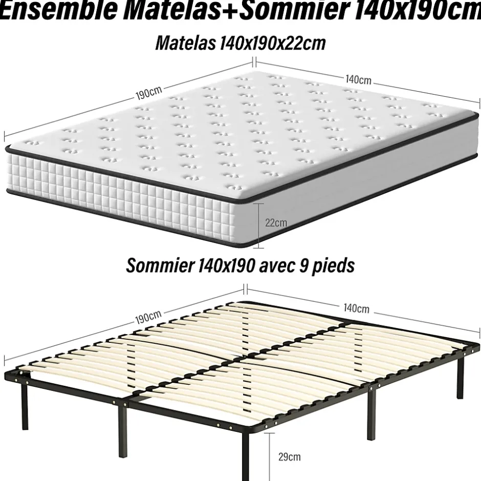 Teeno Ensemble Matelas en mousse + Sommier à Lattes 160x200cm, Epaisseur du Matelas 22cm Sale