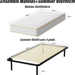 Teeno Ensemble Matelas en mousse + Sommier à Lattes 90x190cm, Epaisseur du Matelas 18 cm
