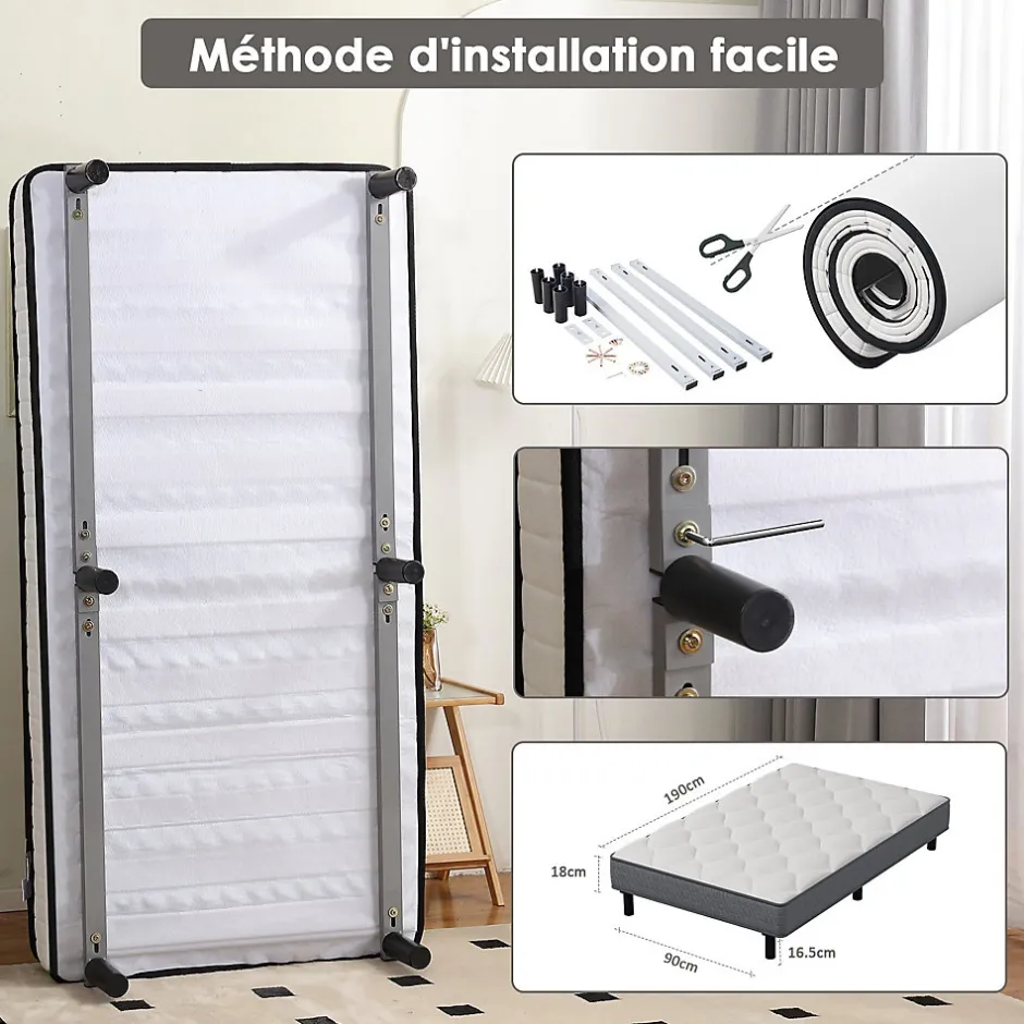 Teeno Ensemble Matelas et Sommier 90x190cm,Matelas à Ressorts ensachés et Robuste Cadre de lit en Fer avec 6 Pieds, Matelas épaisseur