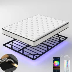 Teeno Ensemble matelas LED 160x200 cm cadre de lit en métal matelas en mousse de 22 cm d'épaisseur, cadre de lit double avec éclairage