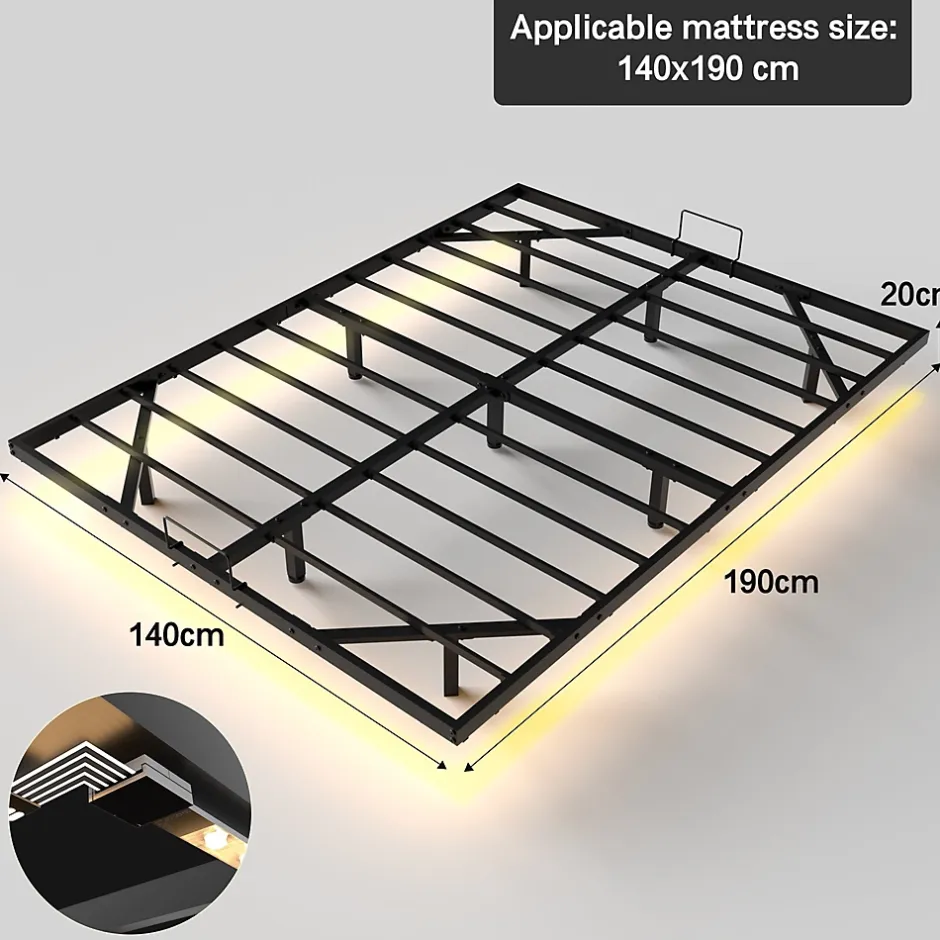 Teeno Ensemble matelas LED 140x190 cm - matelas en mousse de 22 cm d'épaisseur + cadre de lit en métal avec éclairage LED