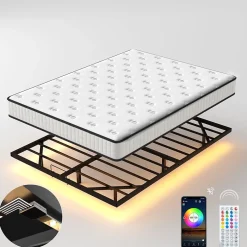 Teeno Ensemble matelas LED 140x190 cm - matelas en mousse de 22 cm d'épaisseur + cadre de lit en métal avec éclairage LED