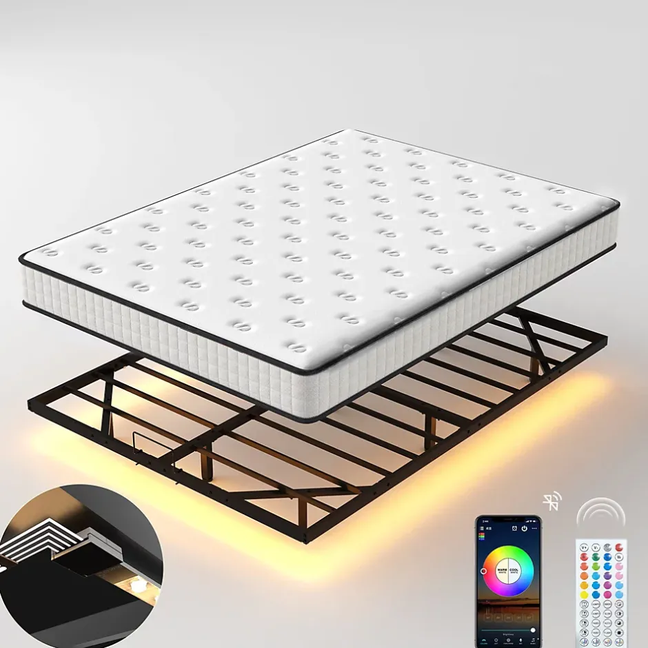 Teeno Ensemble matelas LED 140x190 cm - matelas en mousse de 22 cm d'épaisseur + cadre de lit en métal avec éclairage LED