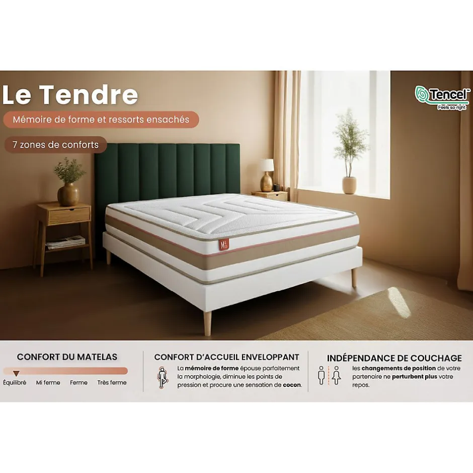 Marmottes & Co Ensemble Ressorts ensachés et mémoire de forme de confort Equilibré avec sommier tapissier