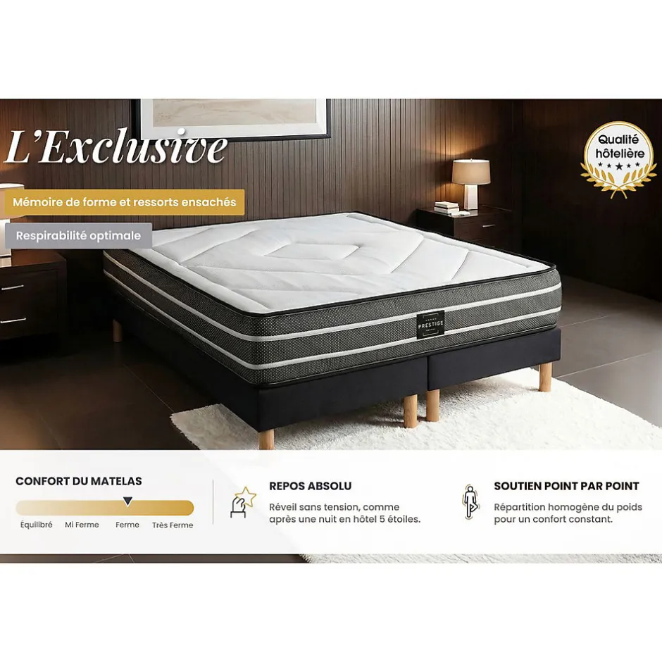 Prestige Literie Ensemble Ressorts ensachés et mémoire de forme de confort Ferme avec sommier tapissier