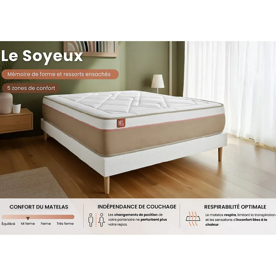 Marmottes & Co Ensemble Ressorts ensachés et mémoire de forme de confort Equilibré avec sommier tapissier