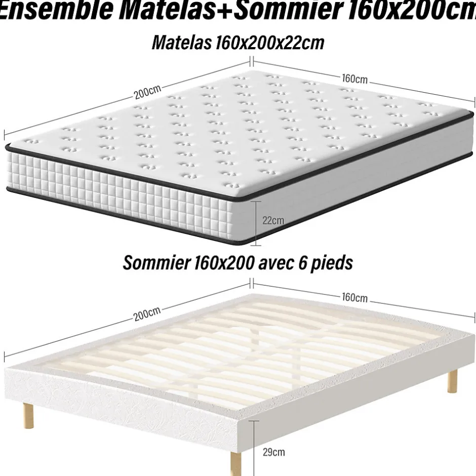 Teeno Ensemble 160x200 cm Matelas en Mousse+ Lit Sommier Tapissier Déco, Epaisseur du Matelas 22cm
