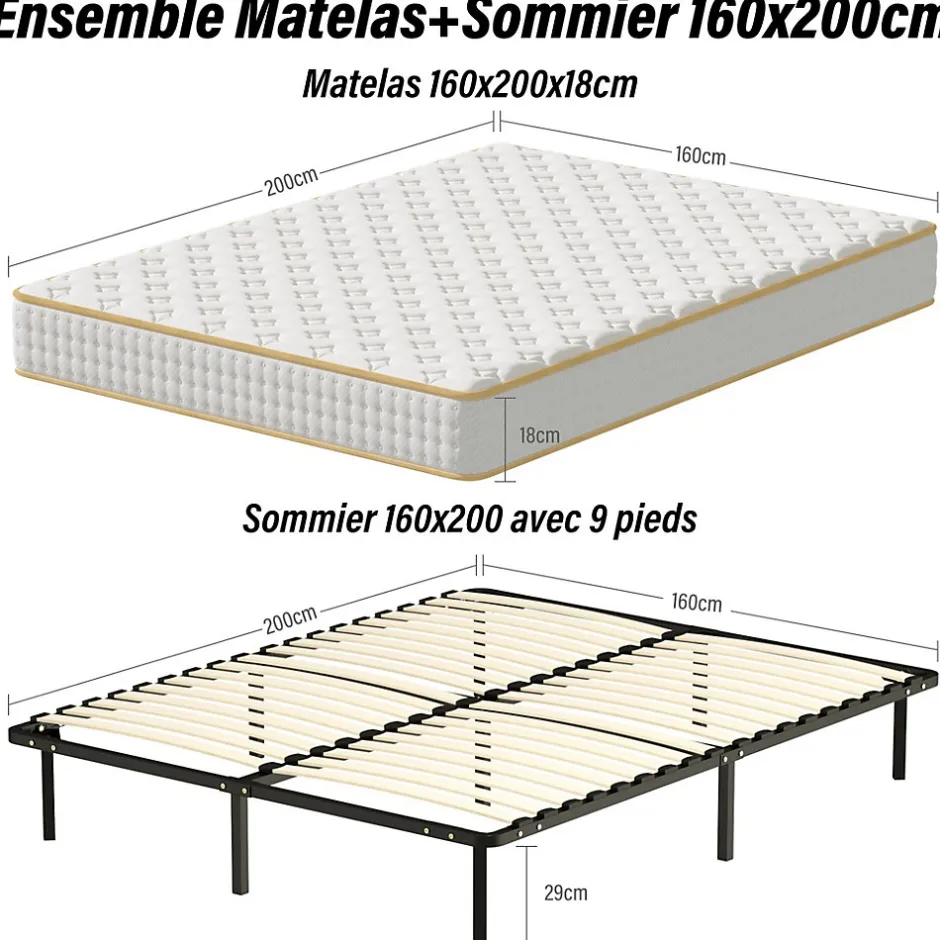 Teeno Ensemble 140x190 cm Matelas Mousse + Sommier à Lattes, Epaisseur du Matelas 18 cm