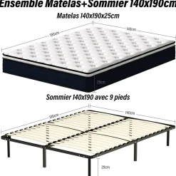 Teeno Ensemble 140x190cm Matelas à ressorts +Sommier à Lattes sur Pieds, Epaisseur du Matelas 25cm
