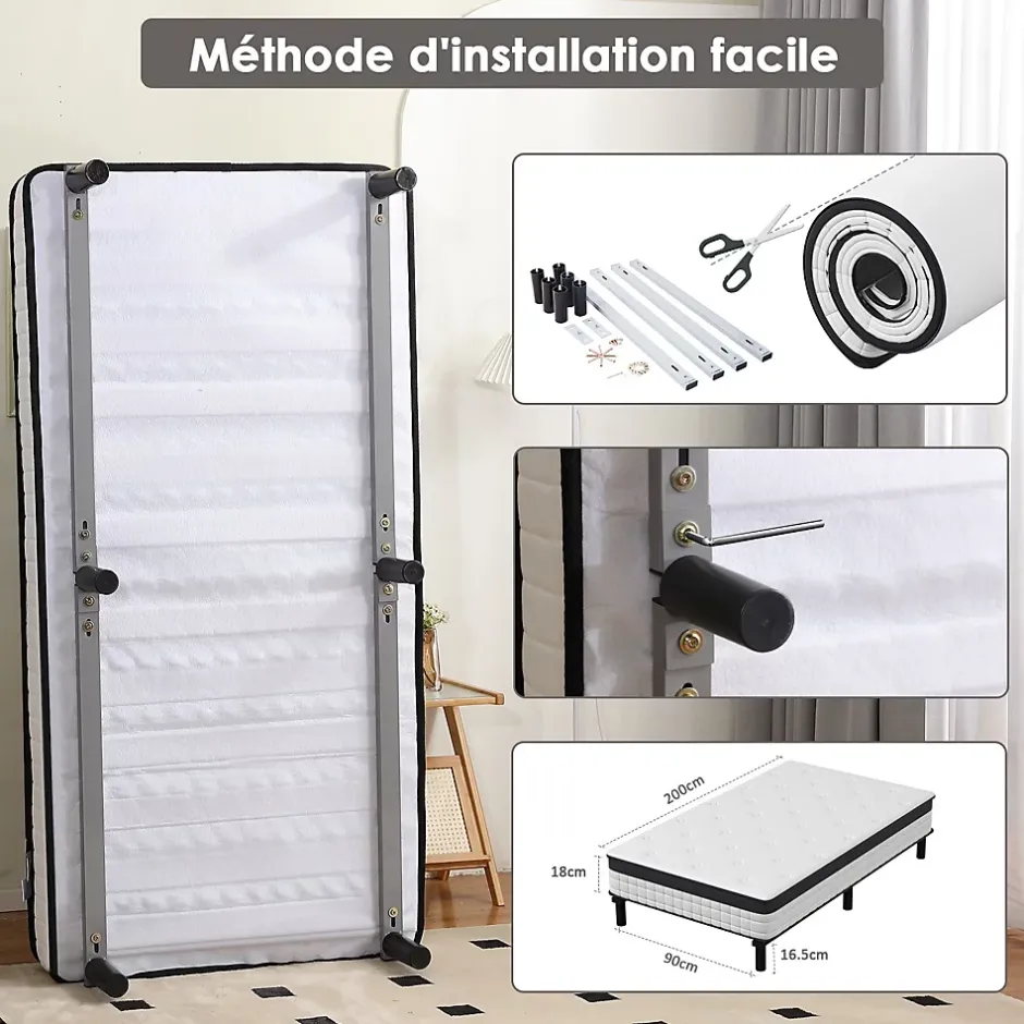 Teeno Ensemble 90x200cm matelas-châssis, matelas à ressorts ensachés et haute résilience + cadre de lit en fer robuste, comprenant 6 Online