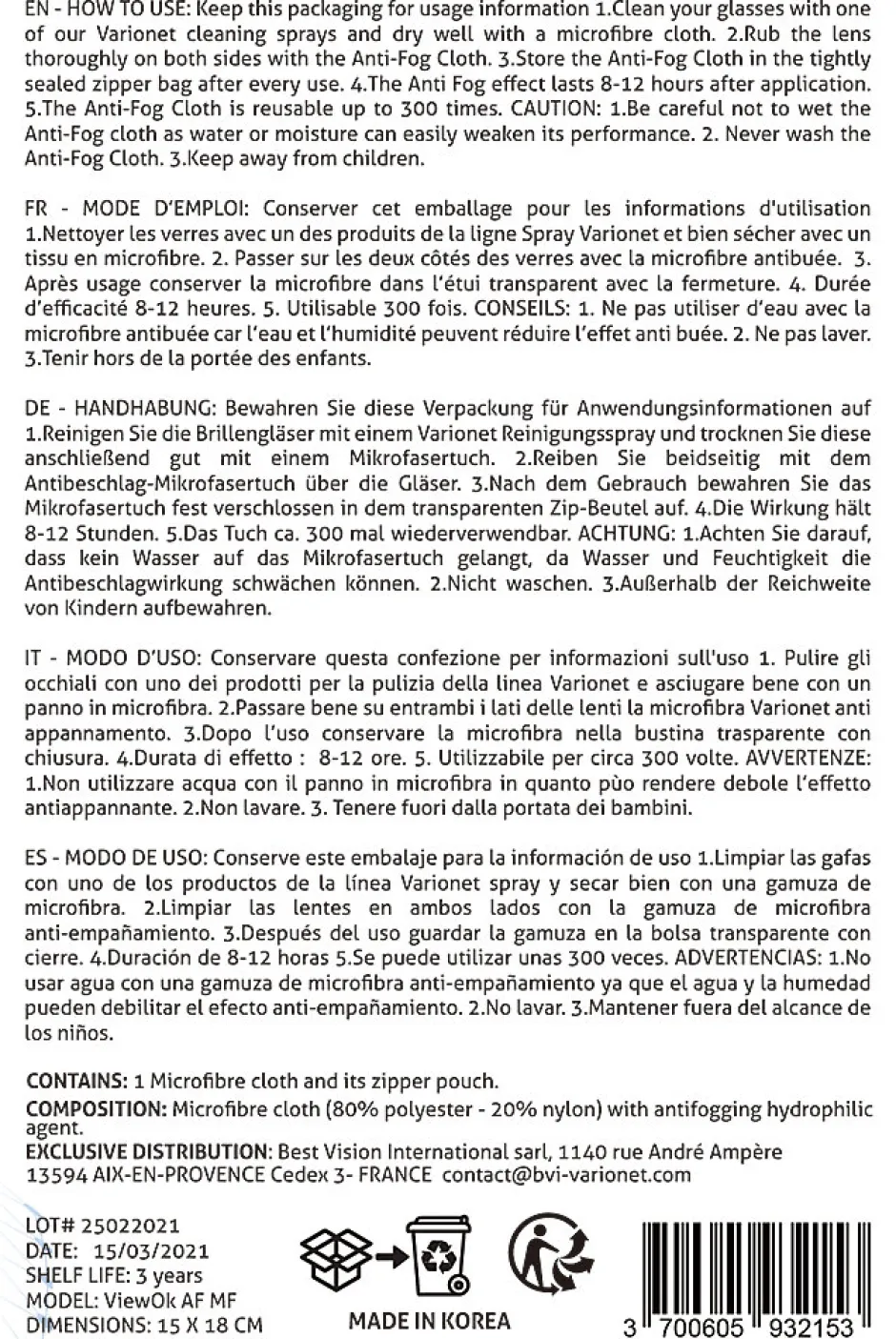 Varionet Essuire-verres anti-buée microfibre high-tech