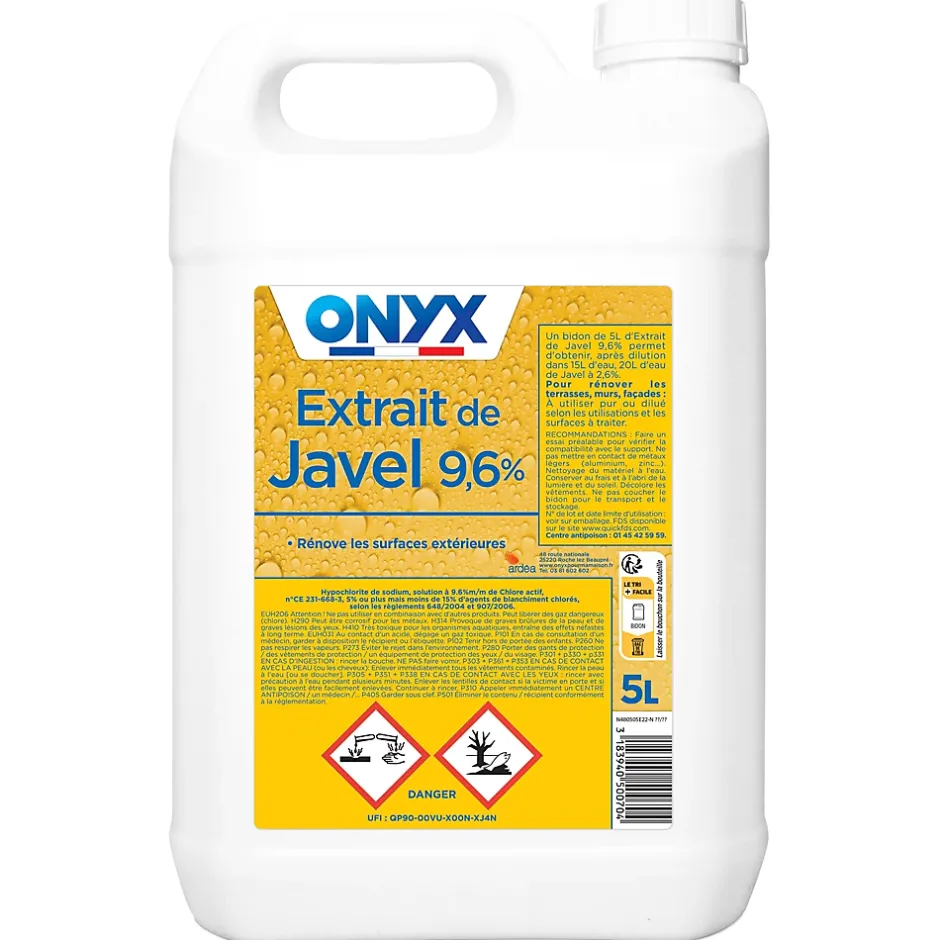 Onyx Extrait de javel 9,6% 36° murs, terrasses, façades, sanitaires 5L Best