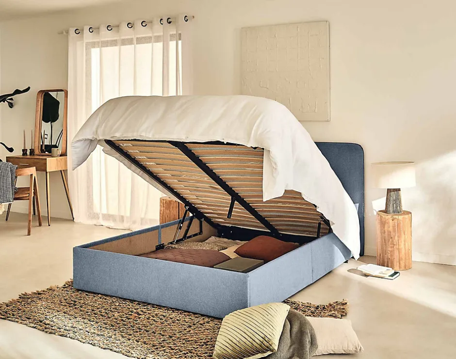 Best Mobilier Goyave - lit coffre - 140x190 - en tissu - sommier inclus -