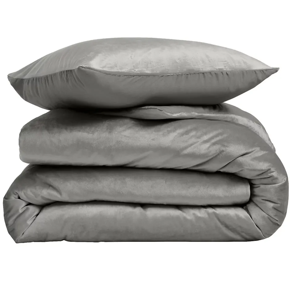 Douceur D'Intérieur Housse de Couette 240 x 220 cm Velours Uni Velina Anthracite + 2 Taies