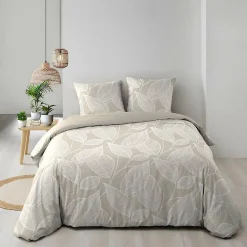 Douceur D'Intérieur Housse de couette 240 x 220 cm coton 57 fils imprimé feuillage AMANDA Naturel + 2 taies Hot
