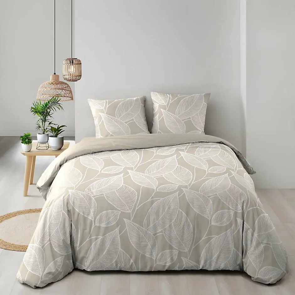 Douceur D'Intérieur Housse de couette 240 x 220 cm coton 57 fils imprimé feuillage AMANDA Naturel + 2 taies Hot